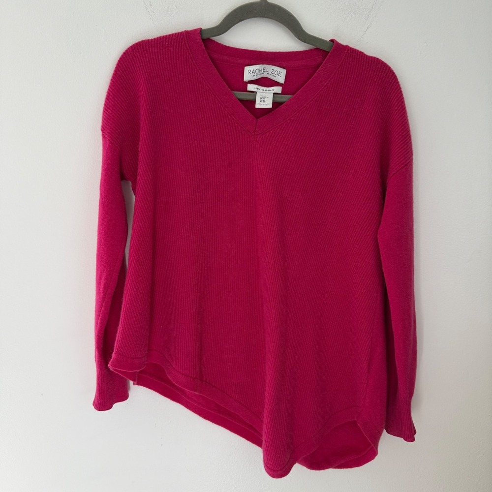 Rachel Zoe Magenta‎ Pink 100% Cashmere Ribbed Asymmetrical V-Neck Sweater XS